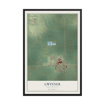 Map of Gwinner, North Dakota, 12 x 18 inch print in a black wood frame