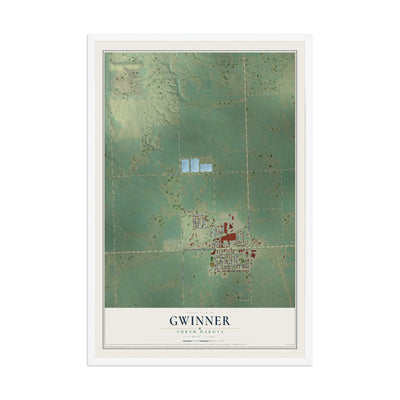 Map of Gwinner, North Dakota, 12 x 18 inch print in a white wood frame