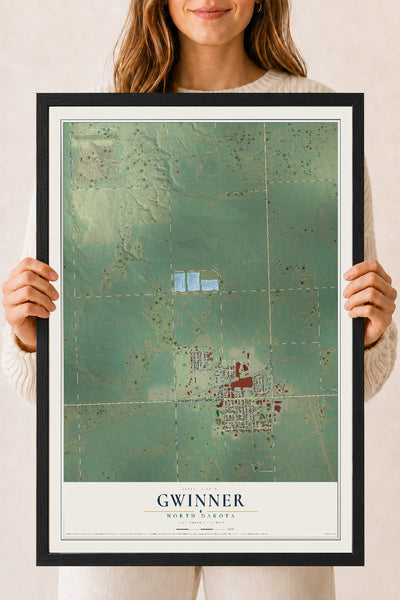 Map of Gwinner, North Dakota, 18 x 24 inch print in a black wood frame