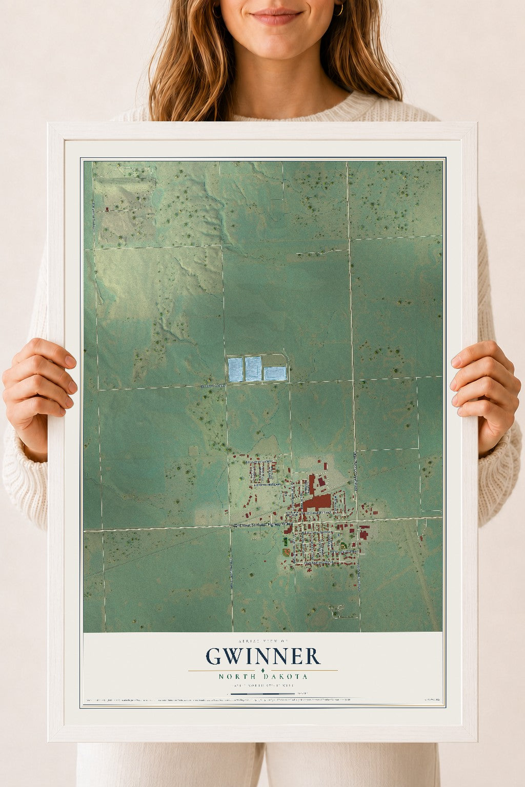 Map of Gwinner, North Dakota, 18 x 24 inch print in a white wood frame
