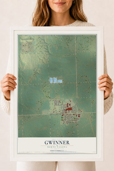 Map of Gwinner, North Dakota, 18 x 24 inch print in a white wood frame