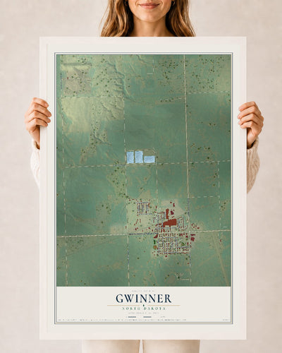 Map of Gwinner, North Dakota, 24 x 36 inch print in a white wood frame