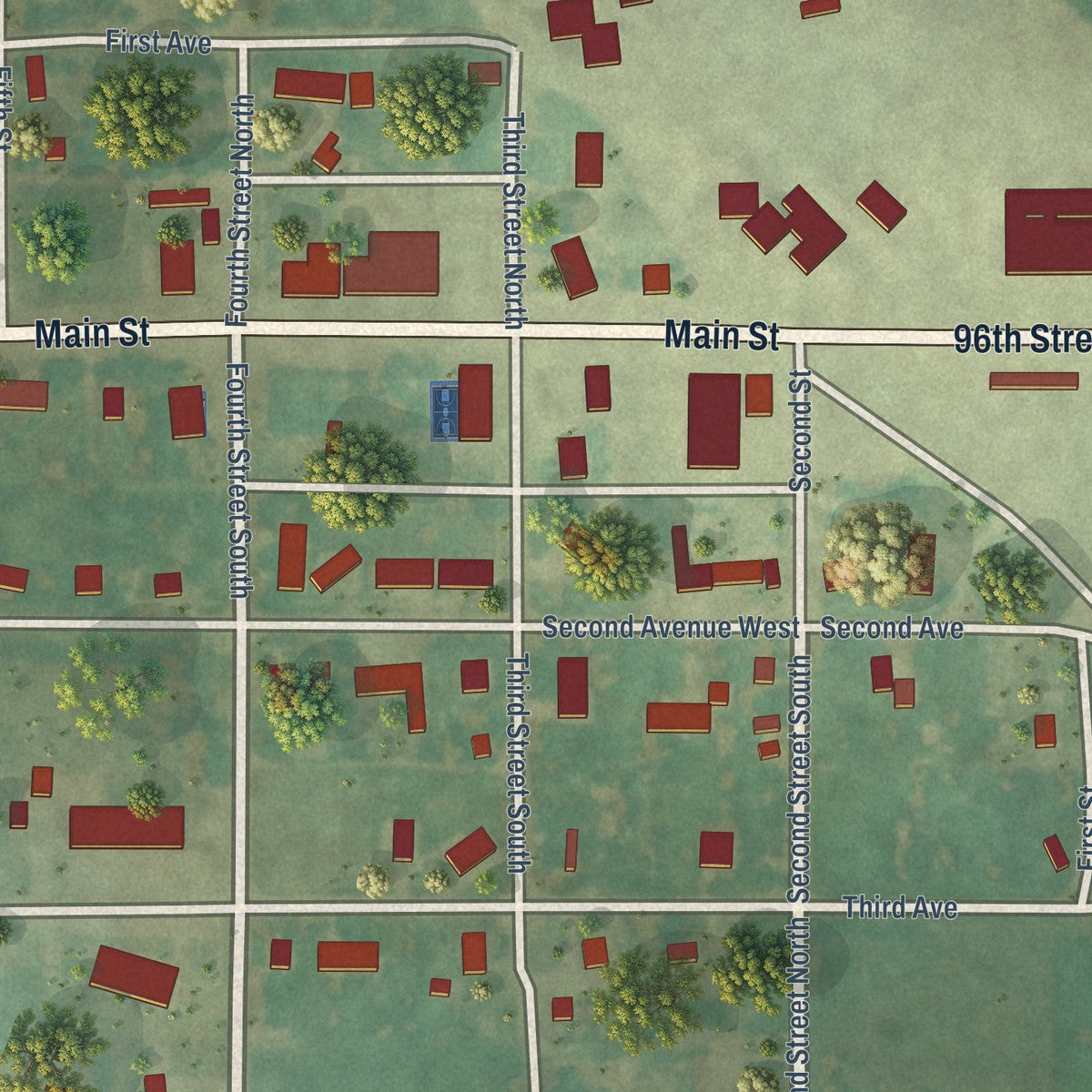 Close-up of the map of Hague, North Dakota print showing street and building detail