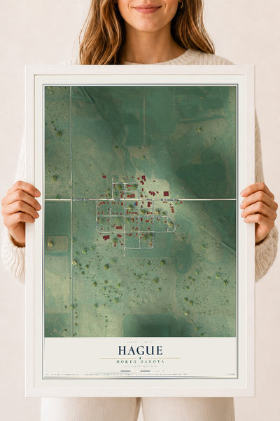 Map of Hague, North Dakota, 18 x 24 inch print in a white wood frame
