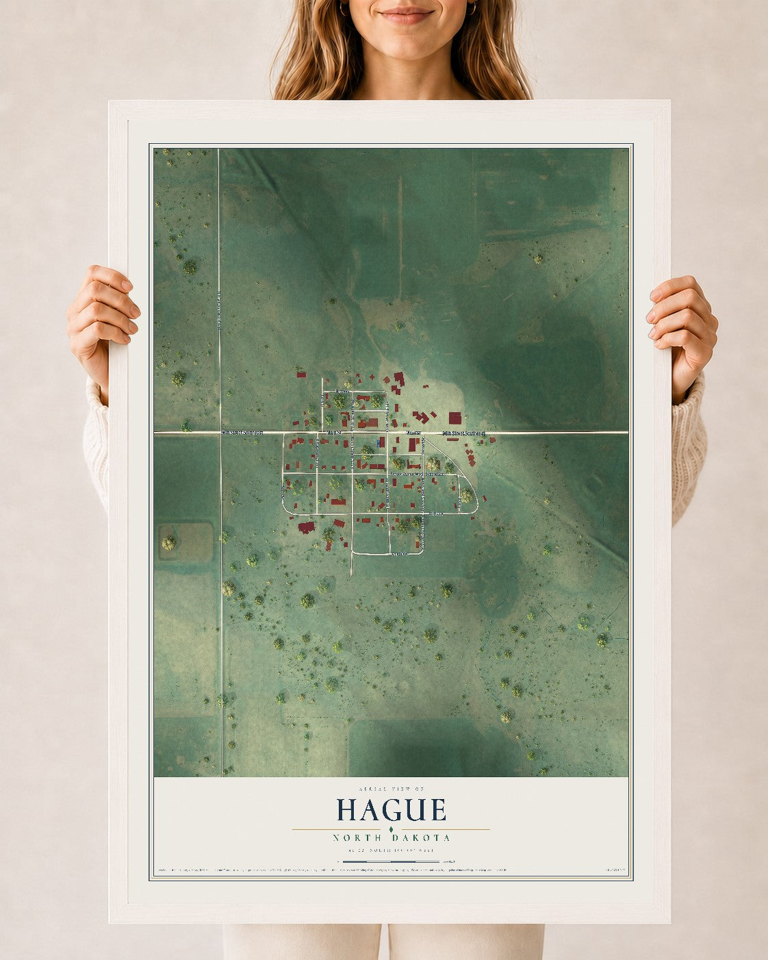 Map of Hague, North Dakota, 24 x 36 inch print in a white wood frame