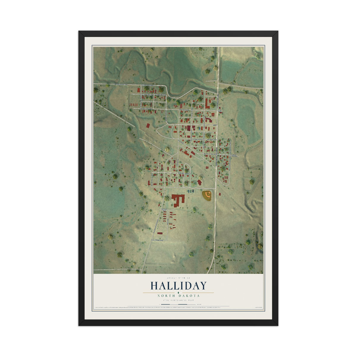 Map of Halliday, North Dakota, 12 x 18 inch print in a black wood frame