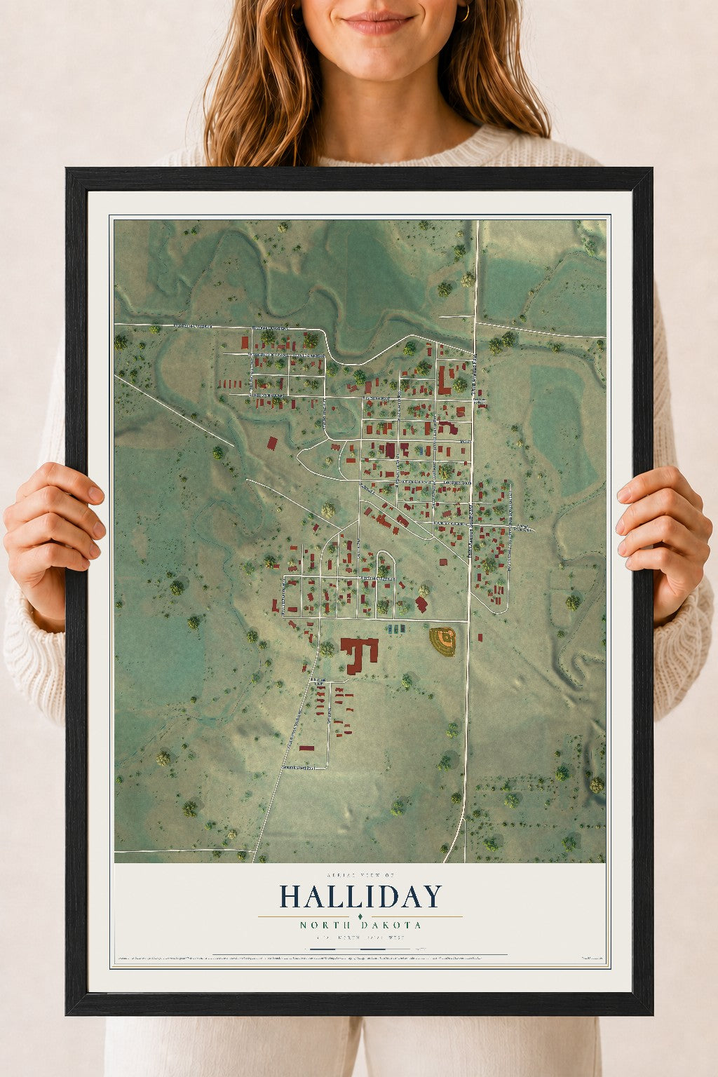 Map of Halliday, North Dakota, 18 x 24 inch print in a black wood frame