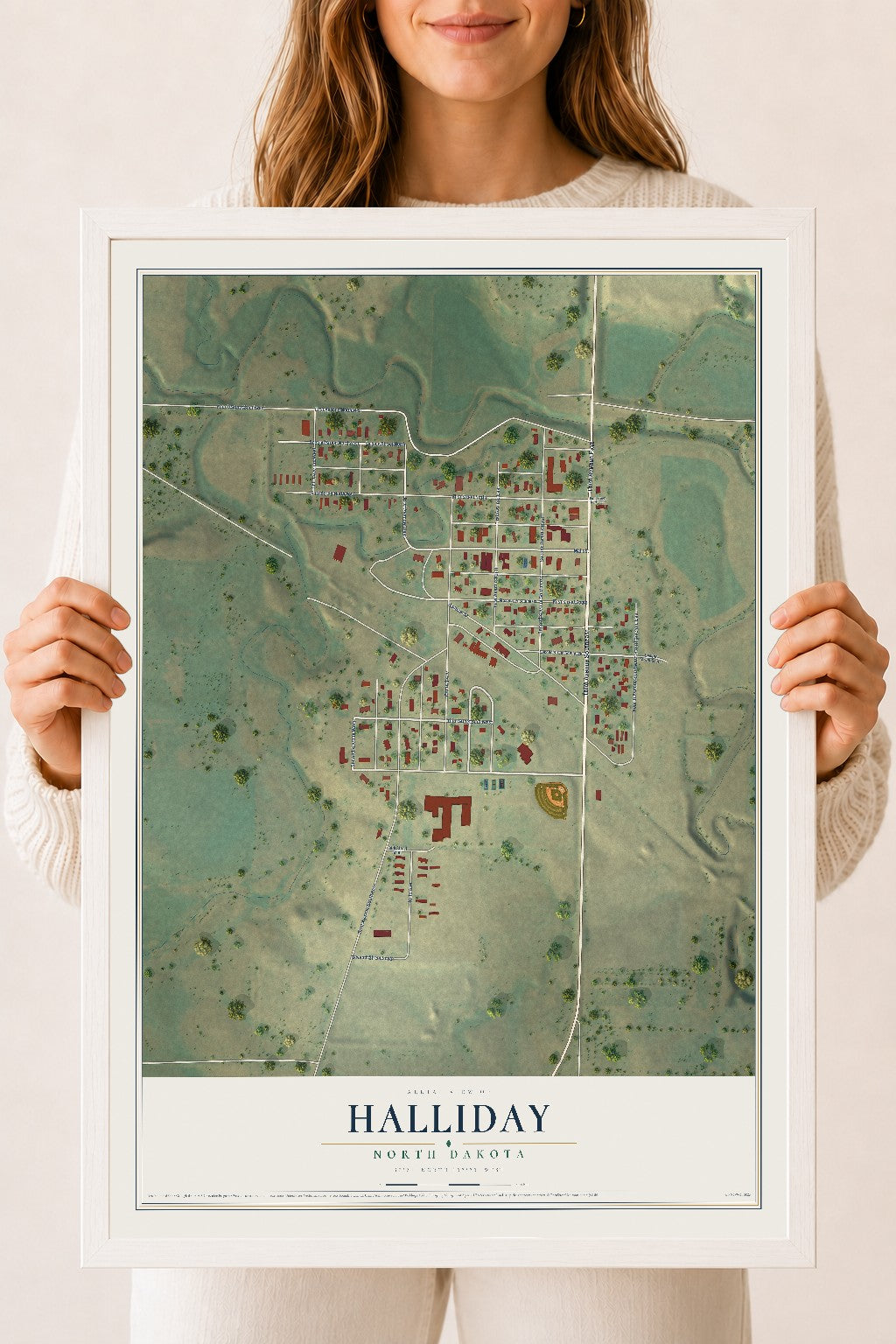 Map of Halliday, North Dakota, 18 x 24 inch print in a white wood frame