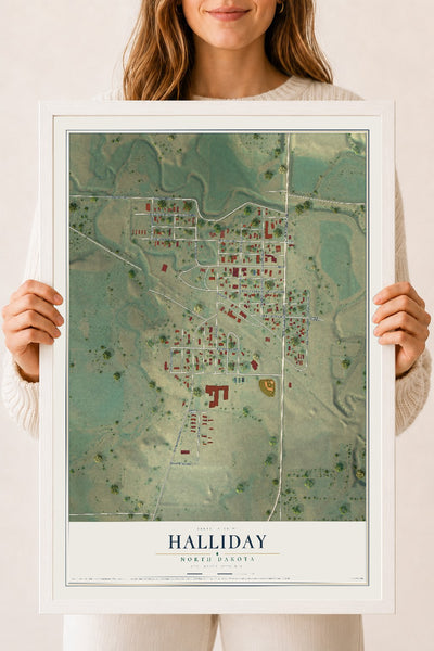 Map of Halliday, North Dakota, 18 x 24 inch print in a white wood frame
