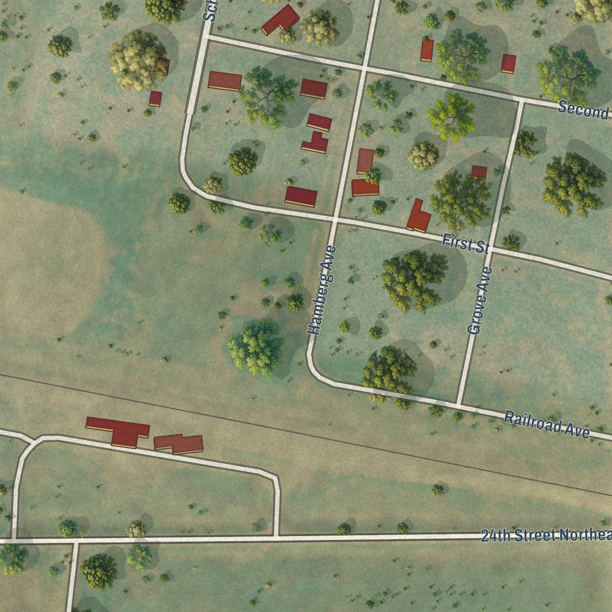 Close-up of the map of Hamberg, North Dakota print showing street and building detail