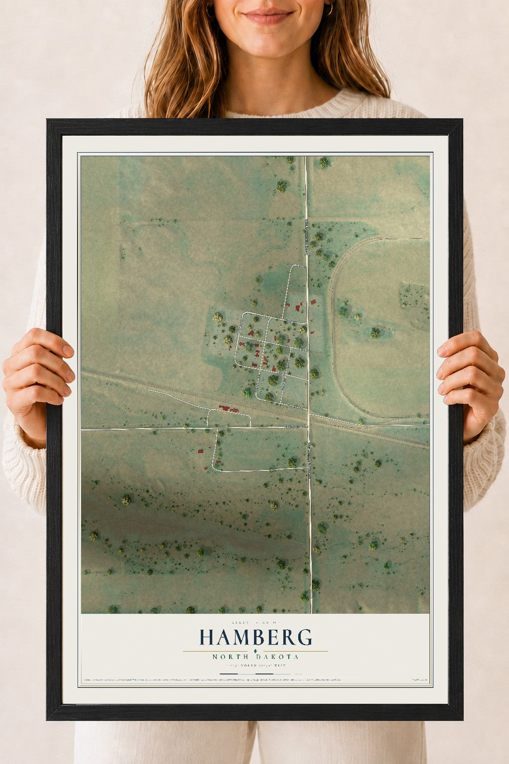 Map of Hamberg, North Dakota, 18 x 24 inch print in a black wood frame