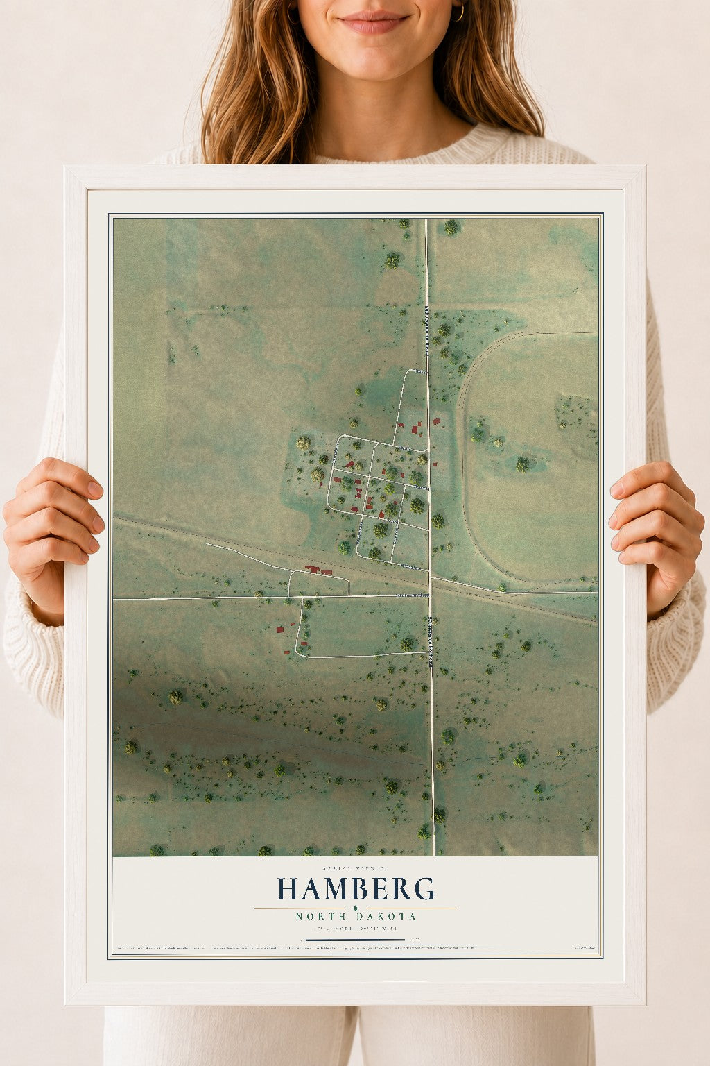 Map of Hamberg, North Dakota, 18 x 24 inch print in a white wood frame