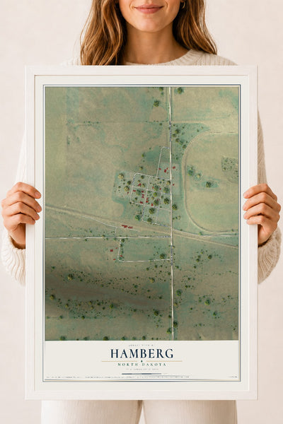 Map of Hamberg, North Dakota, 18 x 24 inch print in a white wood frame