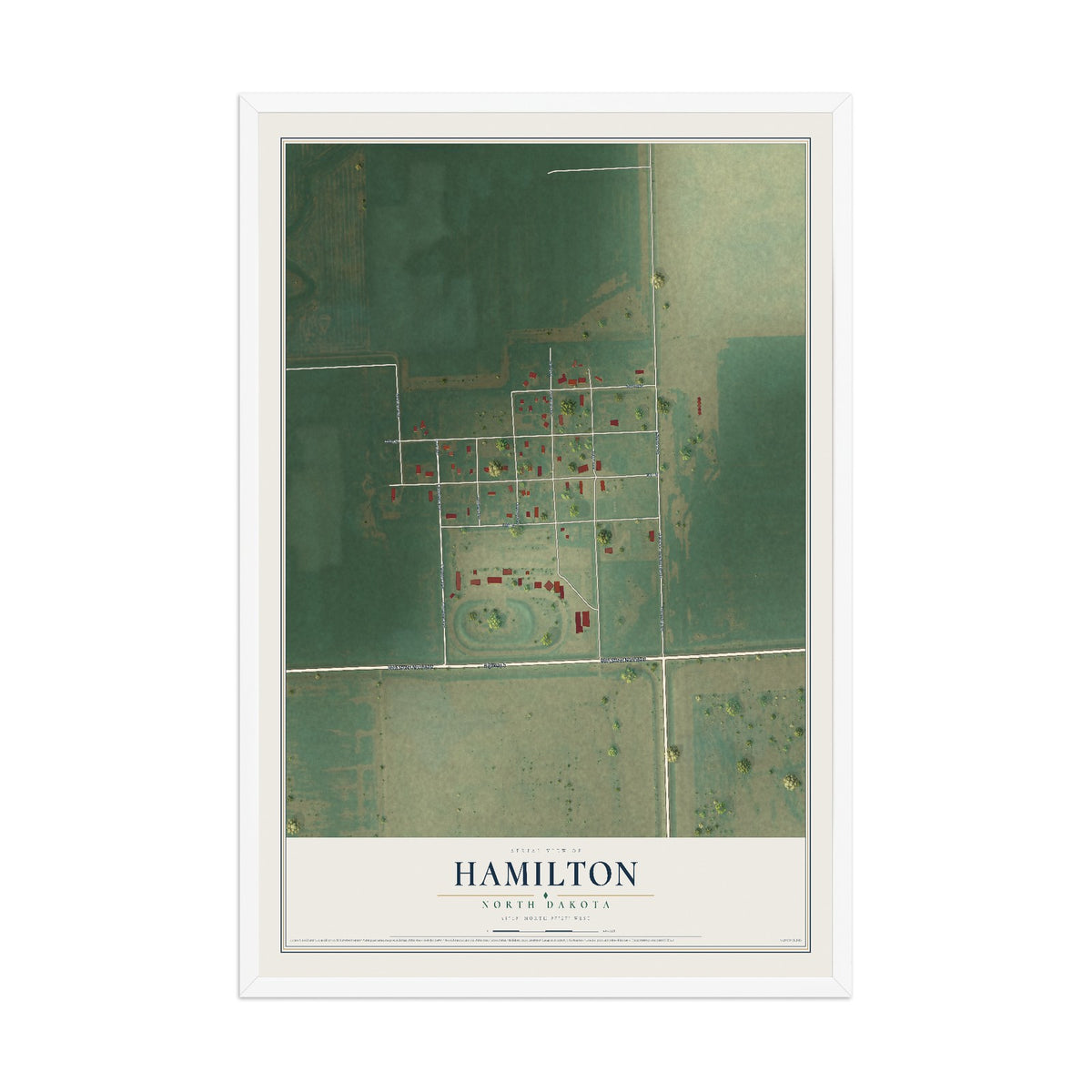 Map of Hamilton, North Dakota, 12 x 18 inch print in a white wood frame