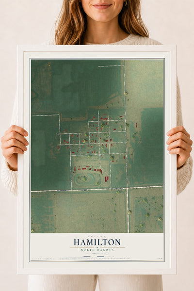 Map of Hamilton, North Dakota, 18 x 24 inch print in a white wood frame