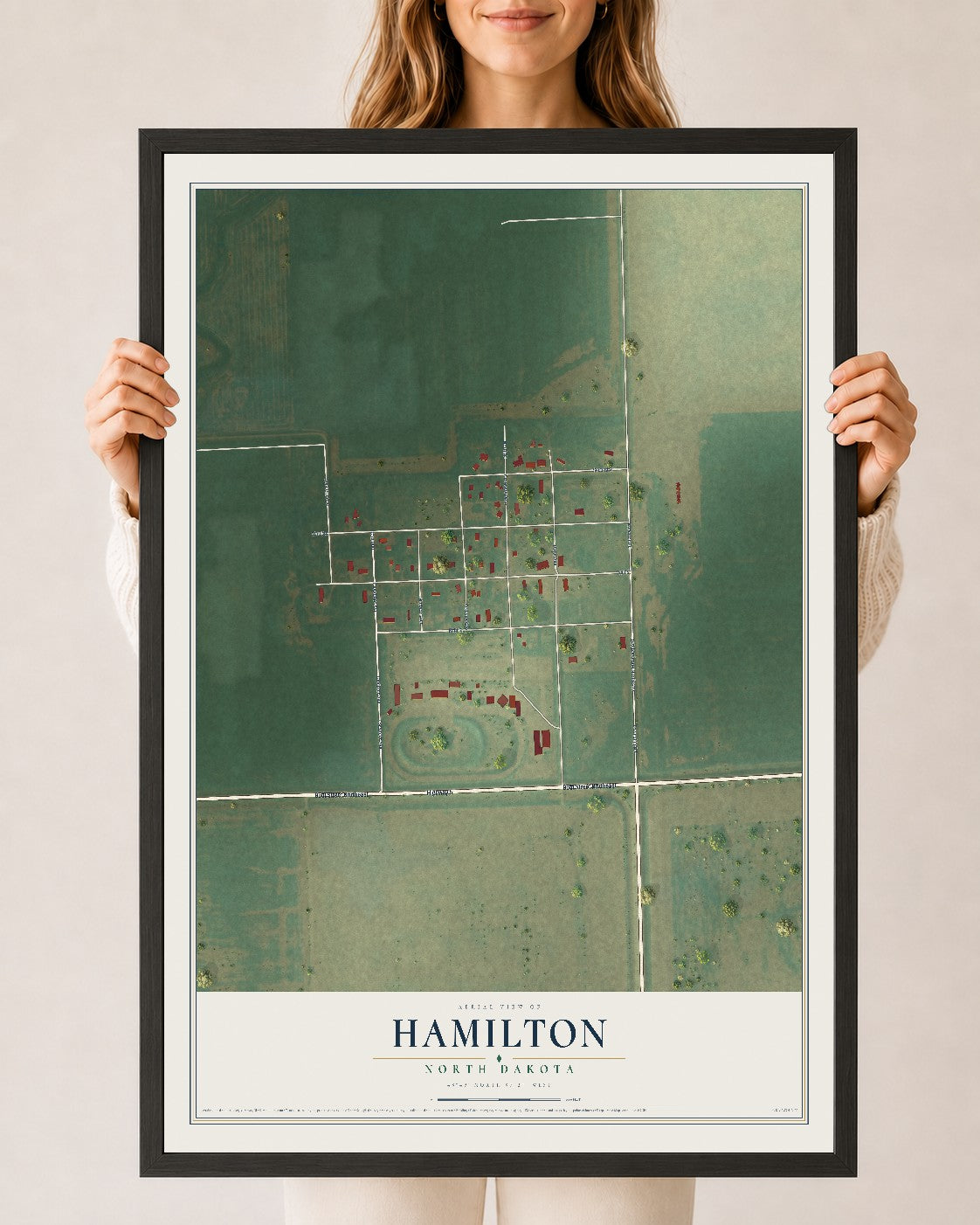 Map of Hamilton, North Dakota, 24 x 36 inch print in a black wood frame