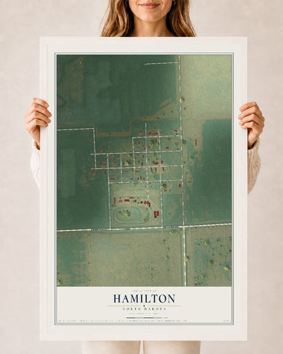 Map of Hamilton, North Dakota, 24 x 36 inch print in a white wood frame