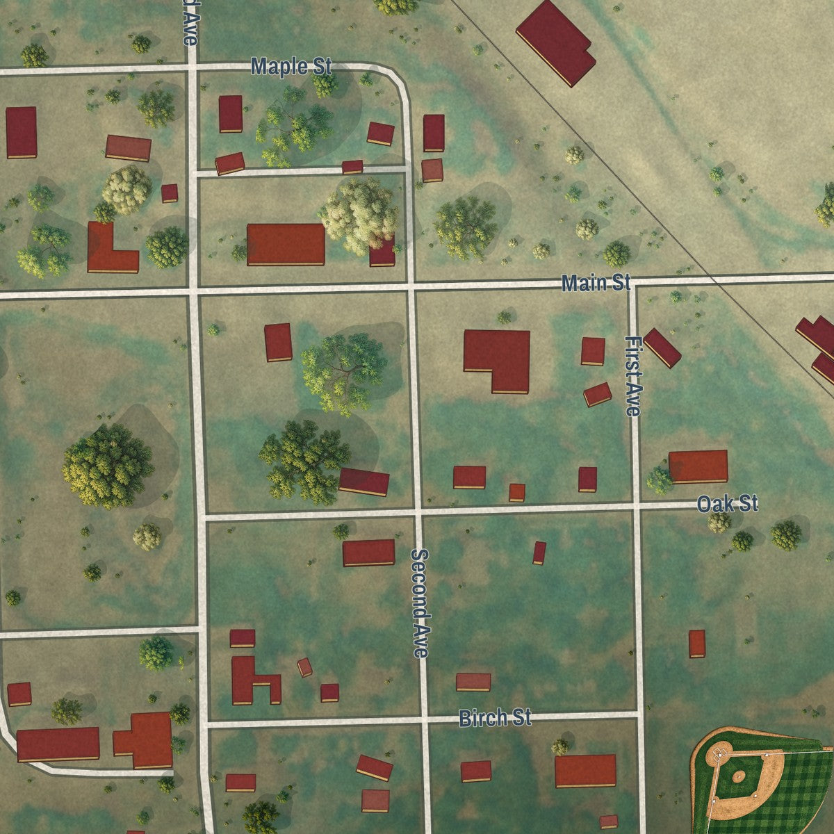Close-up of the map of Hampden, North Dakota print showing street and building detail