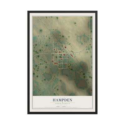 Map of Hampden, North Dakota, 12 x 18 inch print in a black wood frame
