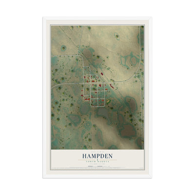 Map of Hampden, North Dakota, 12 x 18 inch print in a white wood frame
