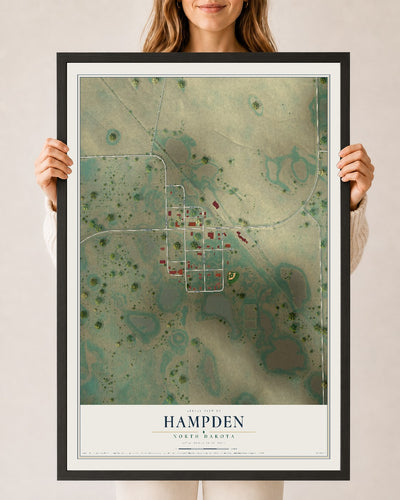 Map of Hampden, North Dakota, 24 x 36 inch print in a black wood frame