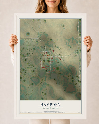 Map of Hampden, North Dakota, 24 x 36 inch print in a white wood frame