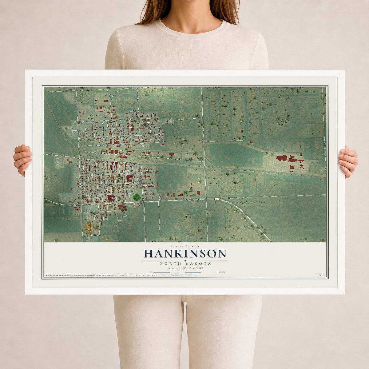 Map of Hankinson, North Dakota, 24 x 36 inch print in a white wood frame