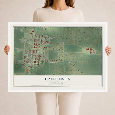 Map of Hankinson, North Dakota, 24 x 36 inch print in a white wood frame