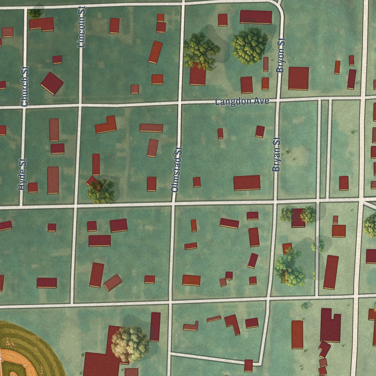 Close-up of the map of Hannaford, North Dakota print showing street and building detail