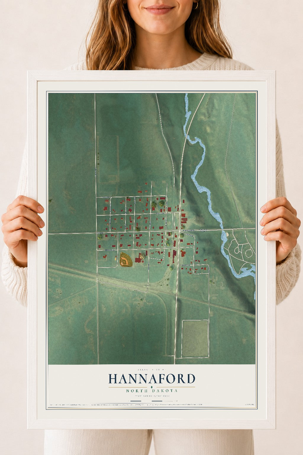 Map of Hannaford, North Dakota, 18 x 24 inch print in a white wood frame