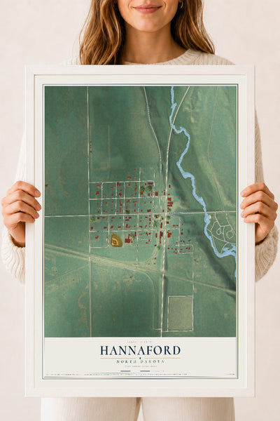 Map of Hannaford, North Dakota, 18 x 24 inch print in a white wood frame
