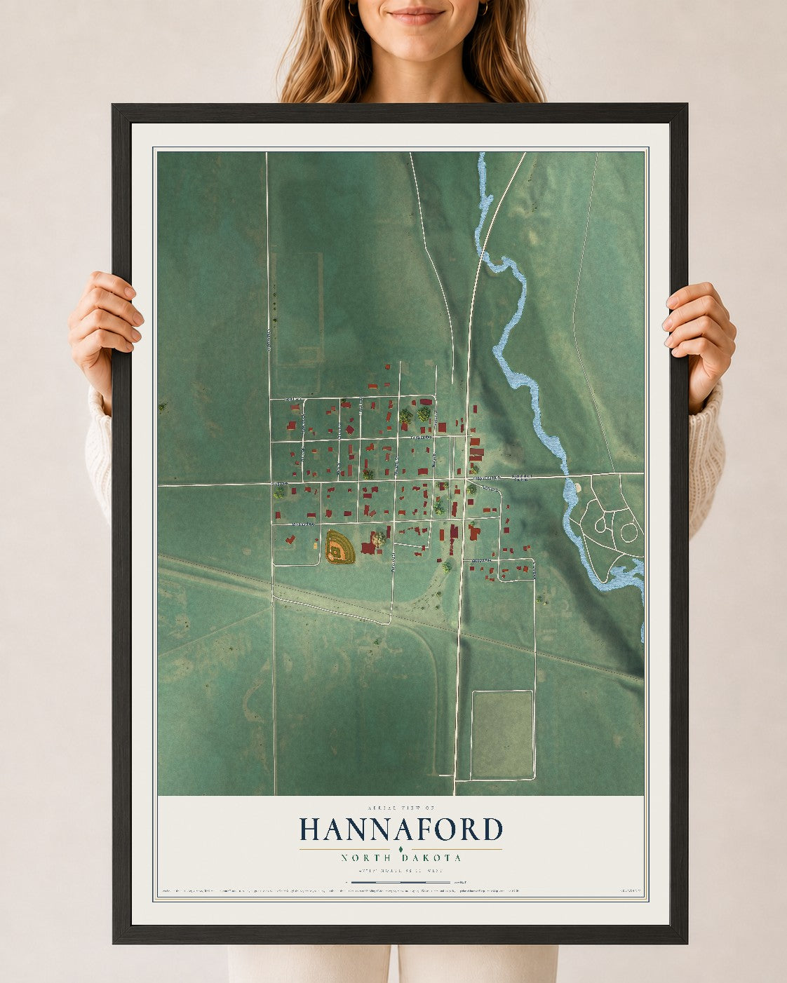Map of Hannaford, North Dakota, 24 x 36 inch print in a black wood frame