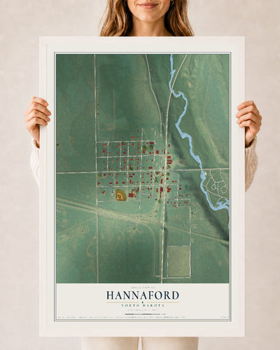 Map of Hannaford, North Dakota, 24 x 36 inch print in a white wood frame