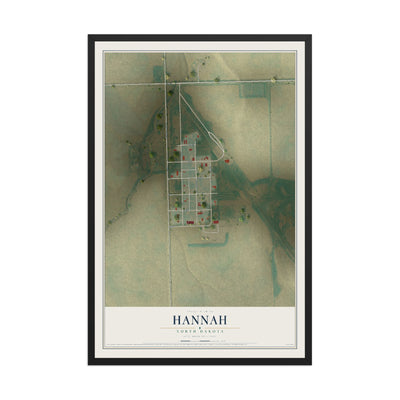 Map of Hannah, North Dakota, 12 x 18 inch print in a black wood frame