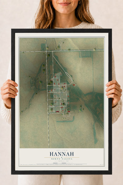 Map of Hannah, North Dakota, 18 x 24 inch print in a black wood frame