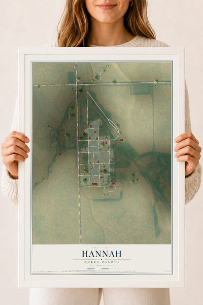 Map of Hannah, North Dakota, 18 x 24 inch print in a white wood frame