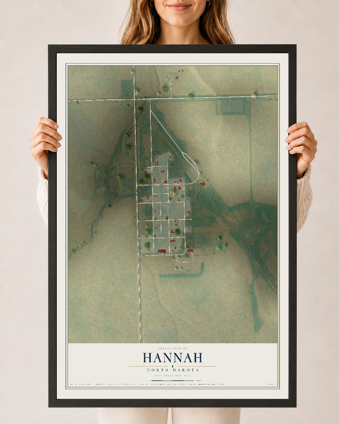 Map of Hannah, North Dakota, 24 x 36 inch print in a black wood frame