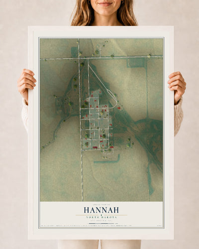 Map of Hannah, North Dakota, 24 x 36 inch print in a white wood frame
