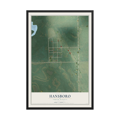 Map of Hansboro, North Dakota, 12 x 18 inch print in a black wood frame