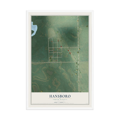 Map of Hansboro, North Dakota, 12 x 18 inch print in a white wood frame