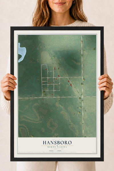 Map of Hansboro, North Dakota, 18 x 24 inch print in a black wood frame