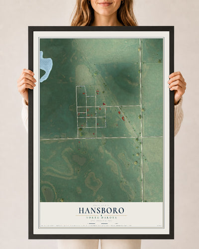 Map of Hansboro, North Dakota, 24 x 36 inch print in a black wood frame