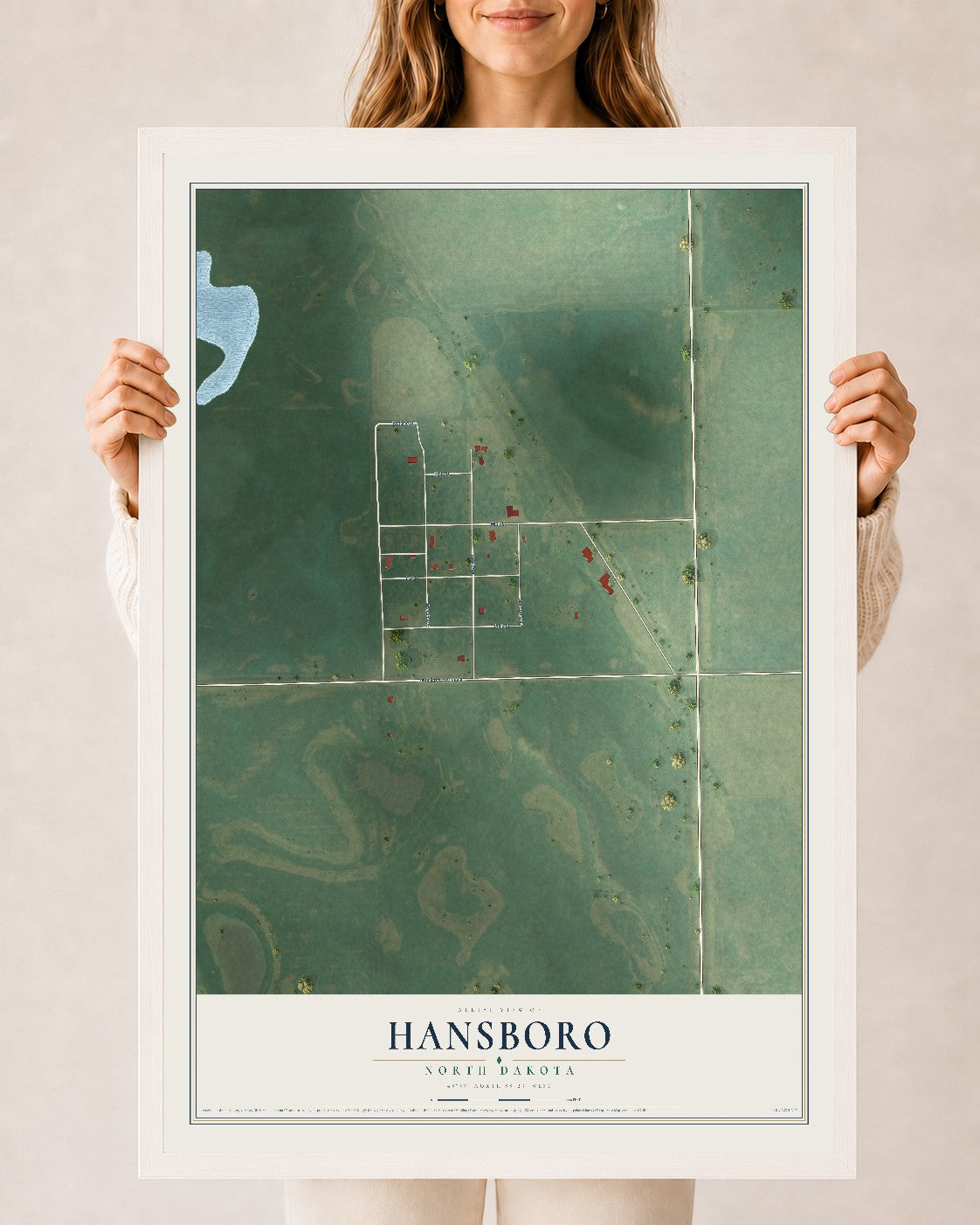 Map of Hansboro, North Dakota, 24 x 36 inch print in a white wood frame