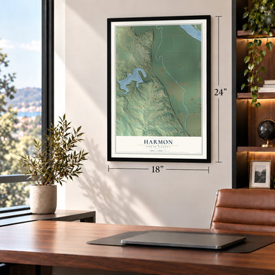 Harmon, North Dakota map, 18 x 24 inch print in a black frame in a home office