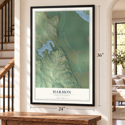 Harmon, North Dakota map, 24 x 36 inch print in a black frame by a staircase