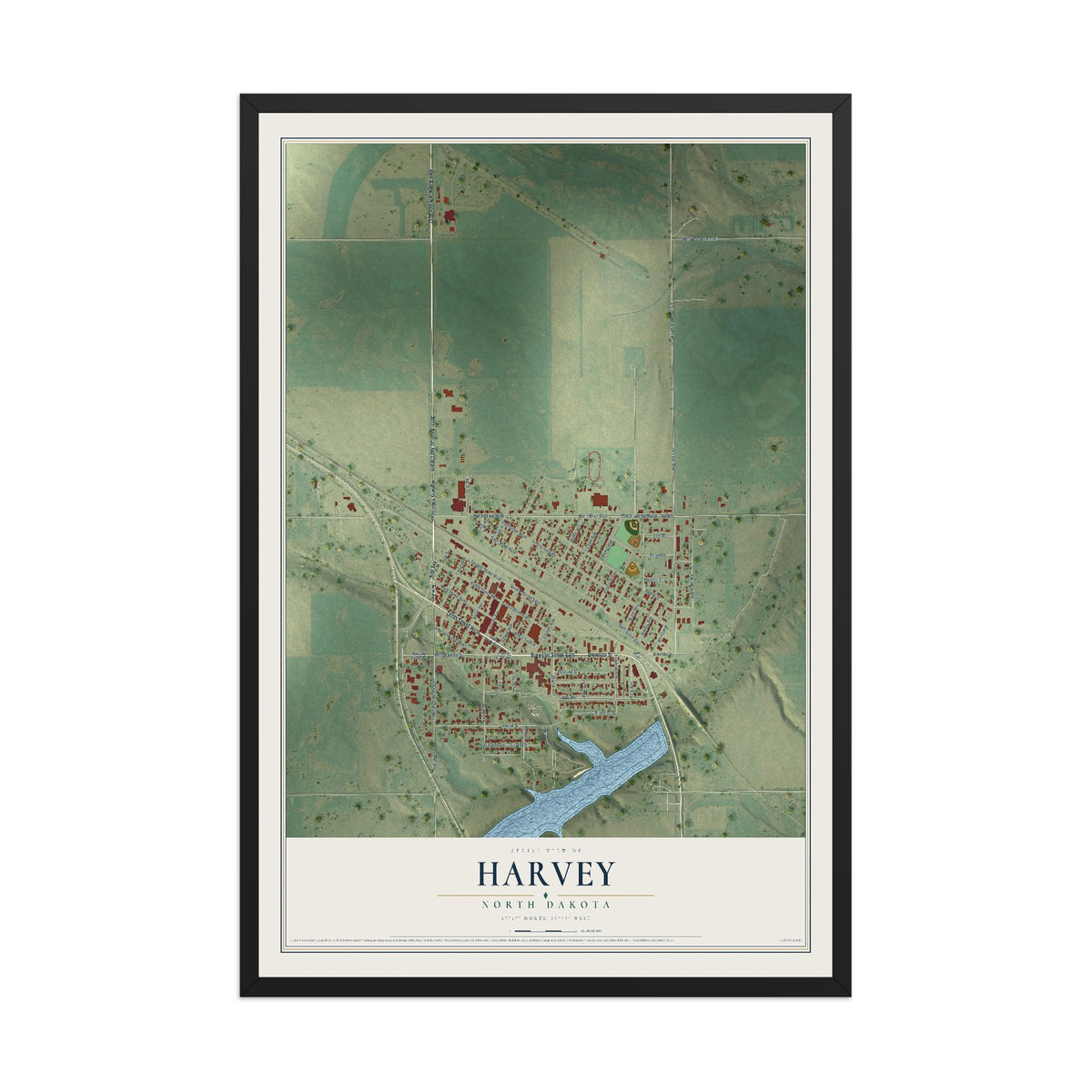 Map of Harvey, North Dakota, 12 x 18 inch print in a black wood frame