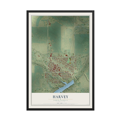 Map of Harvey, North Dakota, 12 x 18 inch print in a black wood frame
