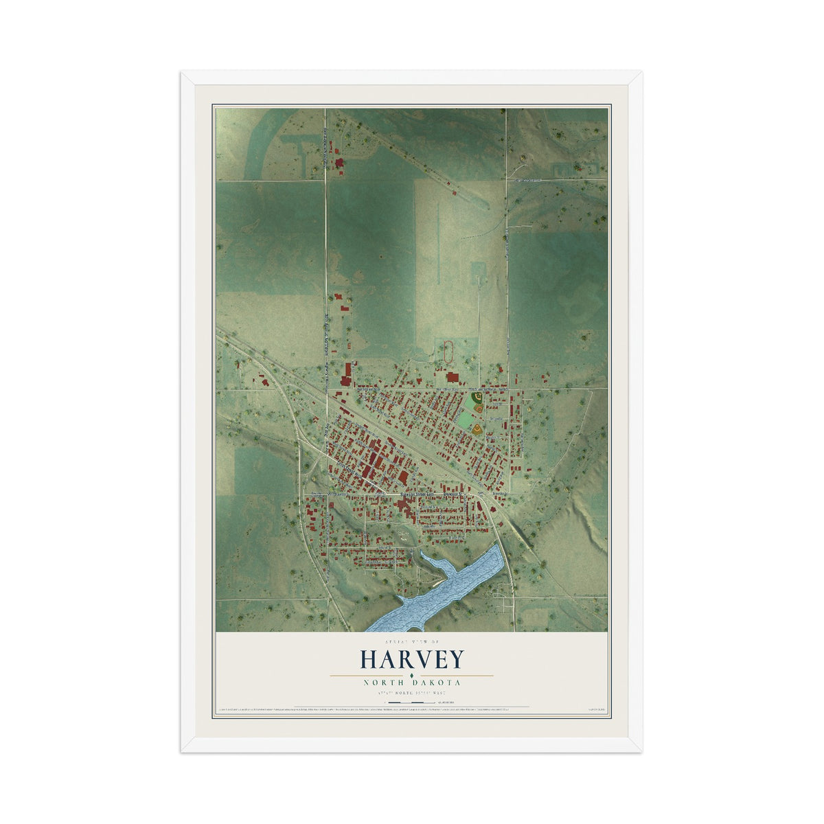 Map of Harvey, North Dakota, 12 x 18 inch print in a white wood frame