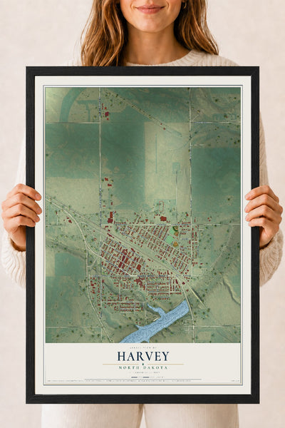Map of Harvey, North Dakota, 18 x 24 inch print in a black wood frame