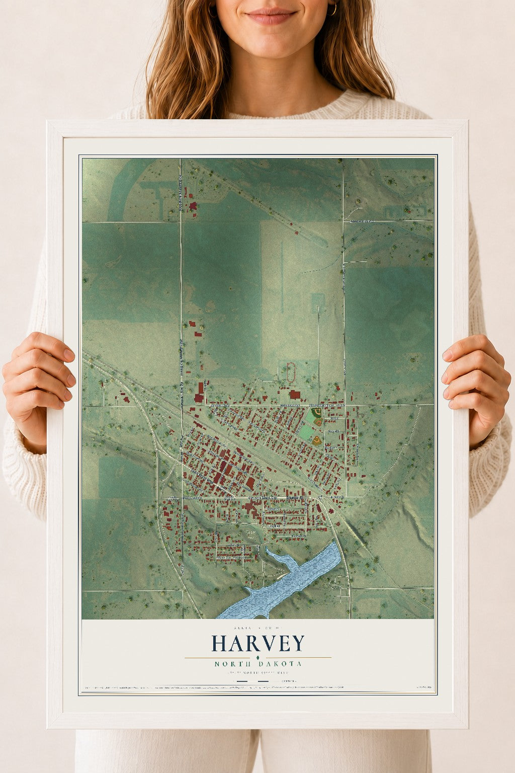 Map of Harvey, North Dakota, 18 x 24 inch print in a white wood frame